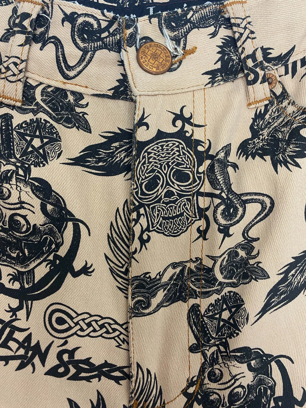 Jean Paul Gaultier 90s skull tattoo pants — JAMES VELORIA